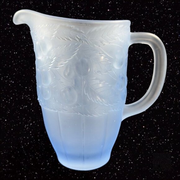 Vintage Light Blue Satin Frosted Glass Raised Cherries Leaves Carafe Pitcher Jug - Picture 1 of 12